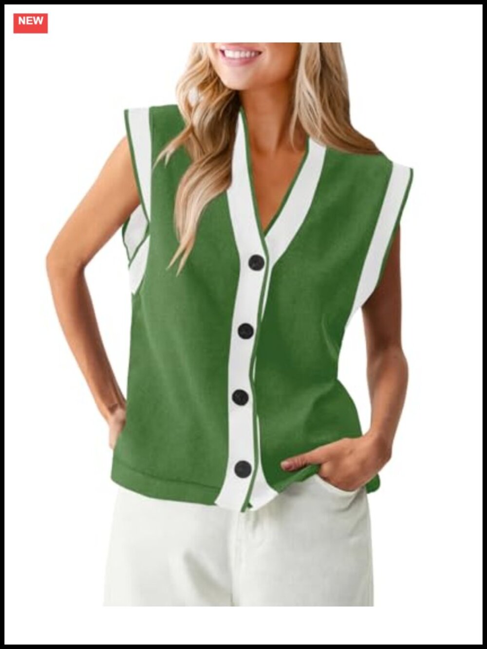Women's V Neck Button Down Cap Sleeve Loose Knit Sweater Vest
